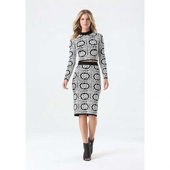 Bebe Jacquard Tile Mock Neck Top & Midi Skirt 2 Pc Set